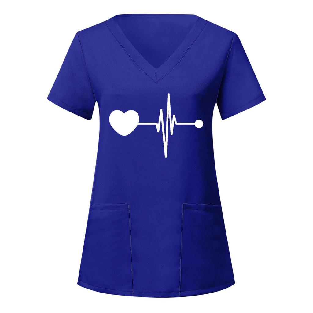 European and American Nurse Caregiver V-Neck Print Shirt with Large Pocket, Short Sleeve T-shirt for Women