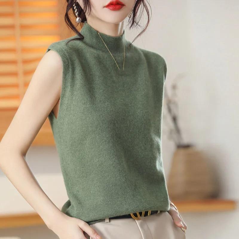Women's Autumn Half-High Neck Knit Top with Sleeveless Pullover T-Shirt Layering