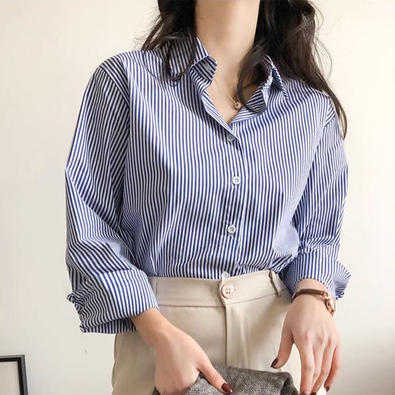

Модные новые рубашки с длинным рукавом в синюю полоску, женские летние простые элегантные свободные женские блузки, топы для офисных леди, рубашка на пуговицах, женская одежда 26134 2XL синий