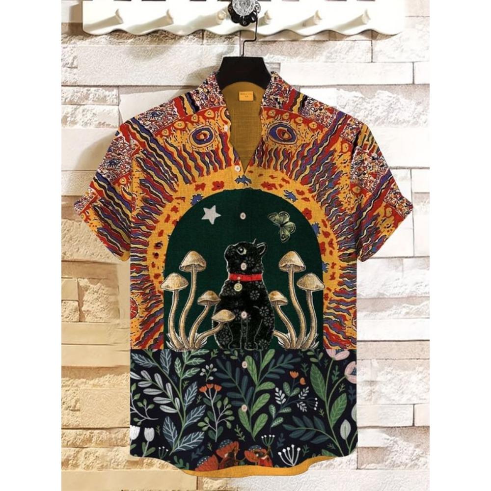 Men's Sunflower Cat All Over Art Print Shirts 3D Anime Hawaiian Shirt Men Women Short Sleeve Lapel Blouse Oversized Y2k Top