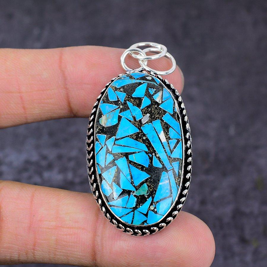 Natural Copper Blue Turquoise Gemstone 925 Sterling Silver Pendant 2.36" P2F68