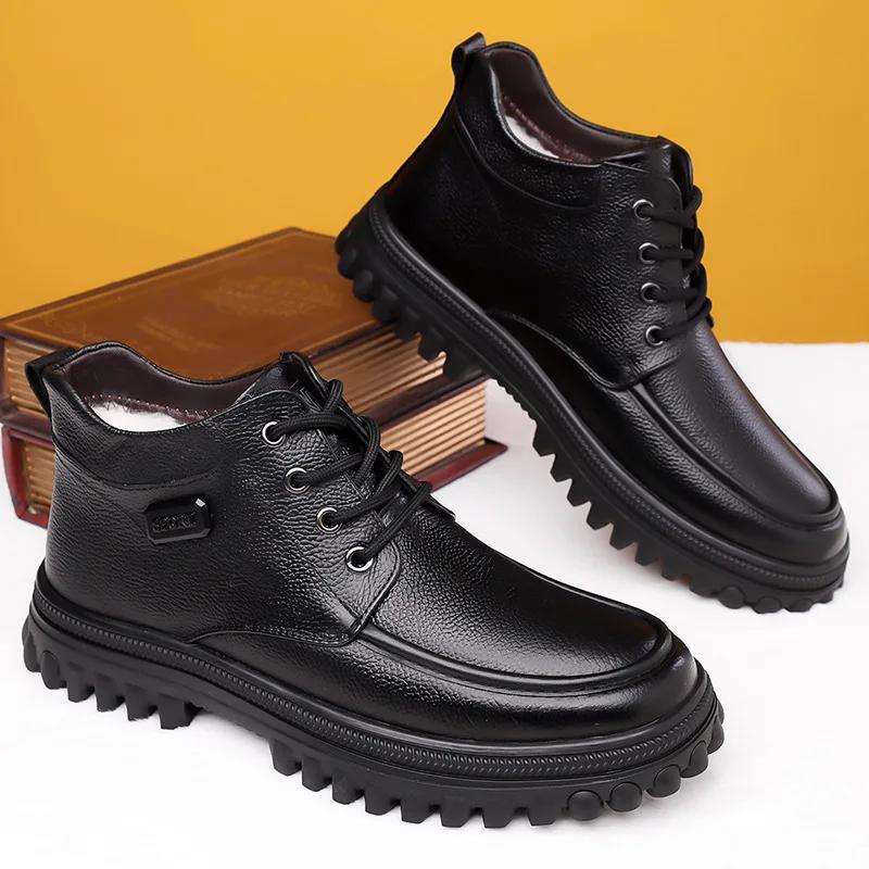Winter High Quality Warm Cotton Boots for Men Fashion Casual New Designer Cow Leather Shoes Male Soft Sole Platform Ankle Boots