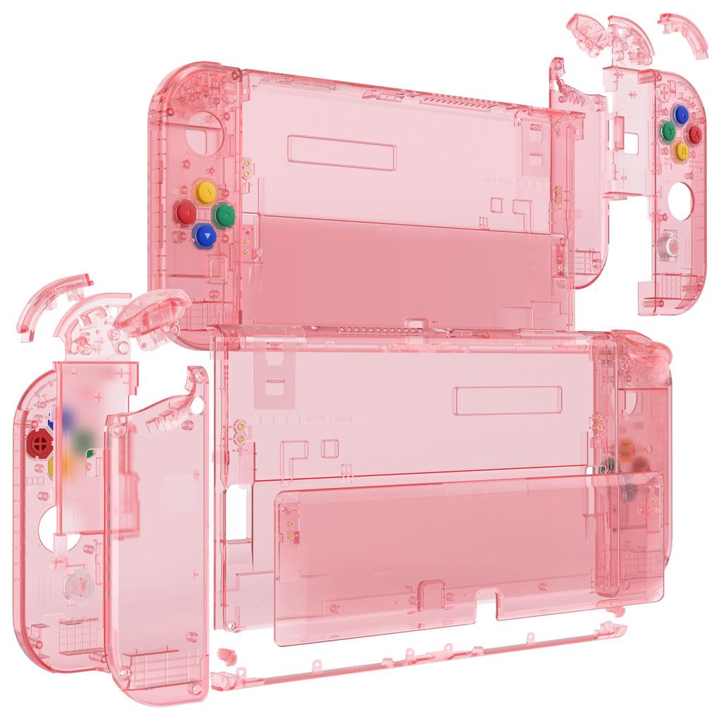 eXtremeRate Switch OLED Clear Backplate PC Back Compatible with Switch Handheld Includes Kickstand and Full Button Set & Stand, Joy-Con Controllers,