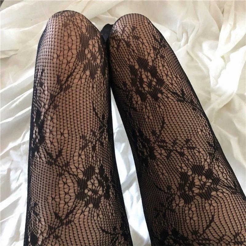 Lace Flower Bottomed Stockings Women Gothic Black White Mesh Hollowed Pantyhose Female Sexy Floral Rattan Fishnet Tights Hosiery