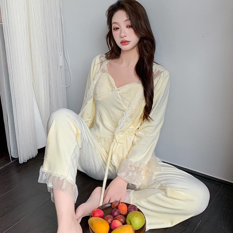 

Новый женский флисовый пижамный комплект New Island с кружевной отделкой - Осенне-зимний комплект-тройка: майка и одежда для дома с длинным рукавом M