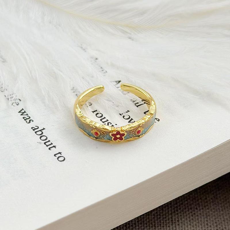 Styl Narodowy Emaliowany Kwiat Ruyi Otwierany Regulowany Pierścionek Damska Moda Lekki Luksusowy Styl Dworski Pierścionek