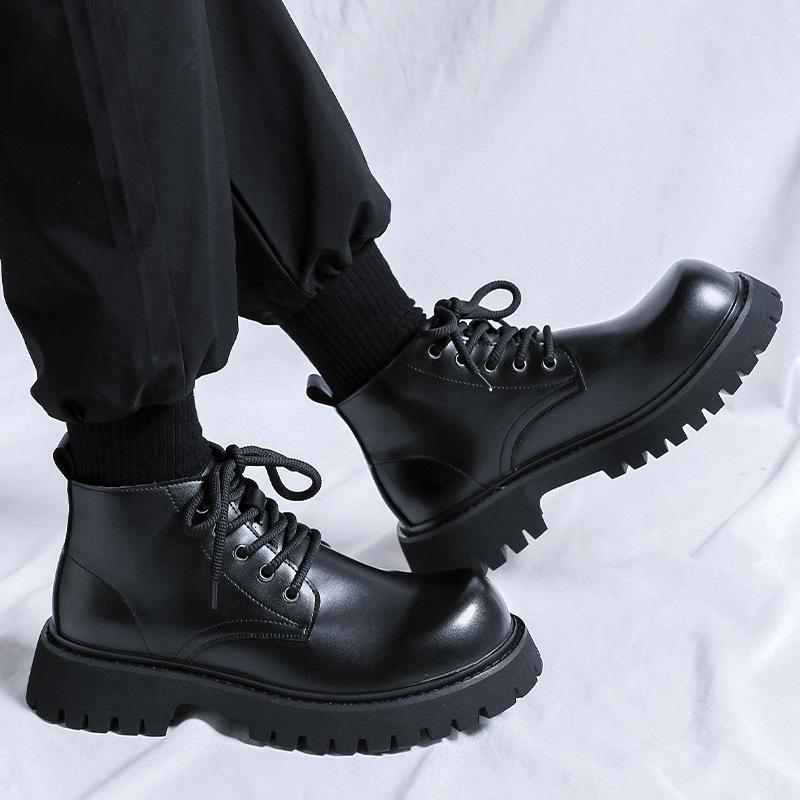 Men's Casual Business Office Platform Boots Lace-up Natural Leather Shoes Cowboy Ankle Boot Black Trendy Autumn Winter Botas Man