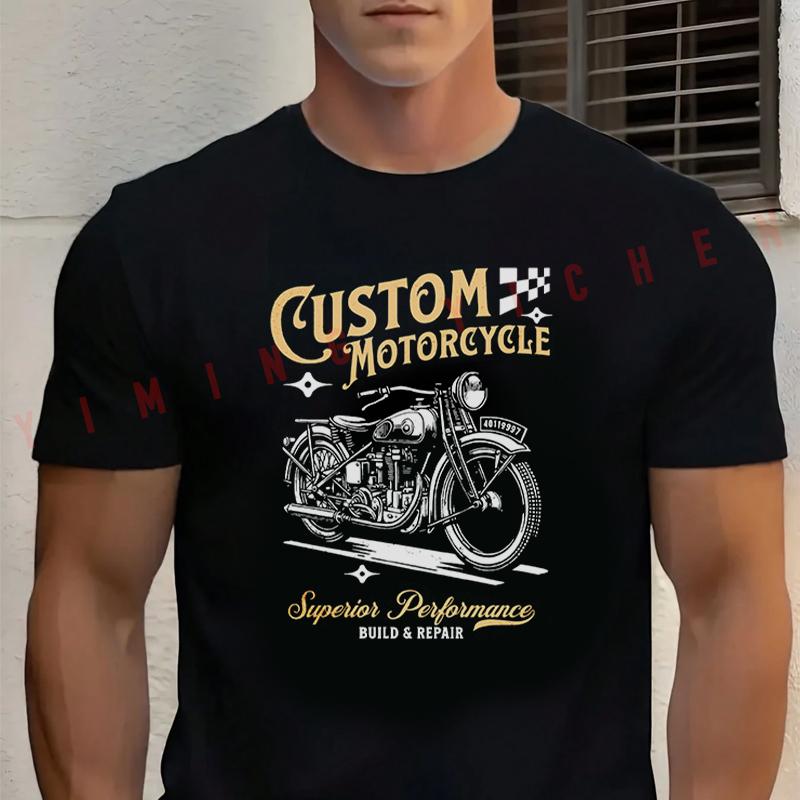Black Custom Motorcycle Graphic Design Cotton T-Shirt New Casual O-neck Short Sleeve Tees