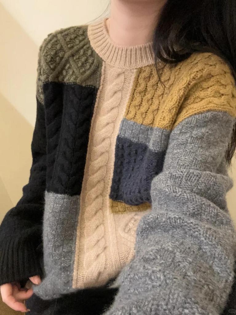 Women's Wool Sweater: Color Block, Korean Style, Round Neck, Long Sleeve Knitwear for Autumn/Winter