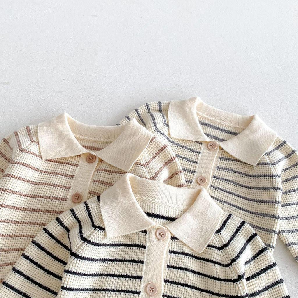 New Fall/Winter Infant Waffle Knit Cardigan & Striped Long Sleeve Overalls Set
