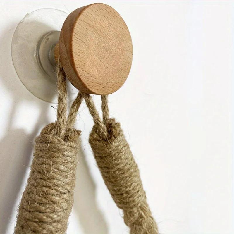 1pc Rustic Hemp Rope Paper Towel Holder Solid Wood Construction Space-Saving Storage for Face Towels.