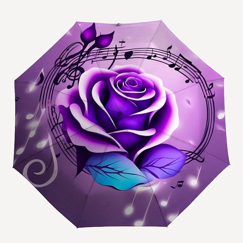 1pc Purple Rose Musical Notes Automatic Open/Close Folding Umbrella - Compact 8-Rib Design, Daily Use, Perfect Gift for Friends & Family Yy251124204