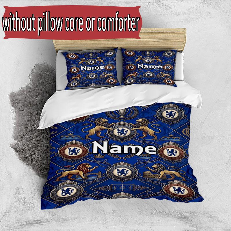 3pcs Duvet Cover Set (1*Duvet Cover + 2*Pillowcase, Without Core), Custom Name Chelsea Football Club Pattern Bedding Set, Home Bedroom Decor Gift