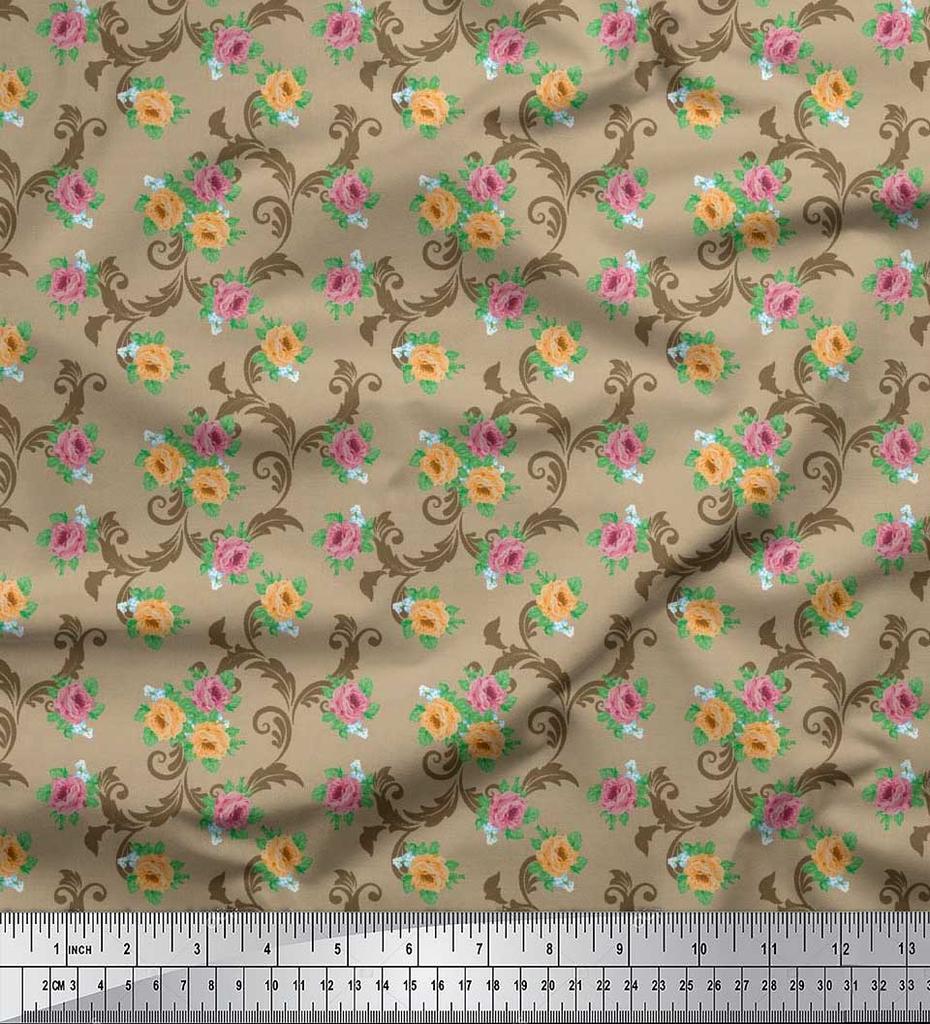 Soimoi Japan Crepe Satin Fabric Swirl,Leaves & Rose Floral Printed Fabric 1 Metre 42 Inch