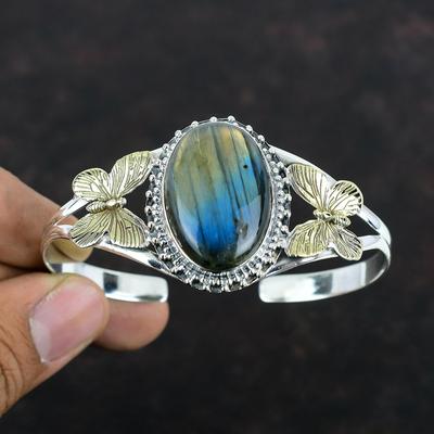 Labradorite Cuff Bracelet Gemstone Bangle 925 Sterling Silver Adjustable Bangle 18K Gold Plated Butterfly Bracelet Handmade Jewelry For Gift