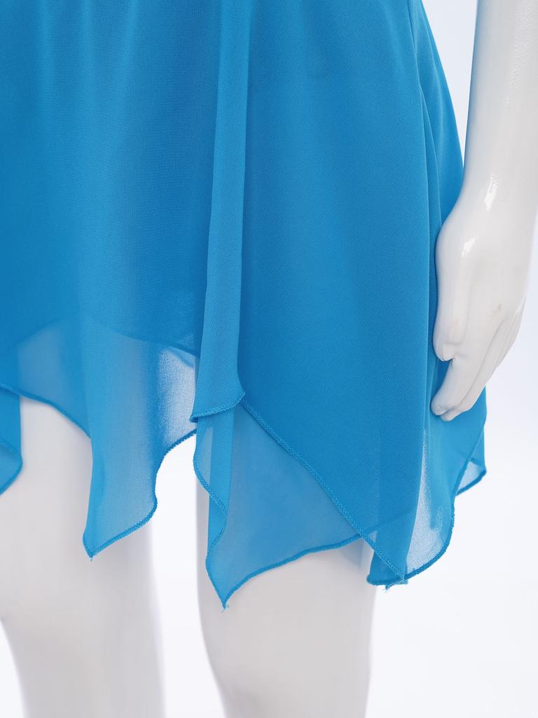 Girls Lyrical Dance Costume Sparkle Rhinestones Keyhole Back Irregular Chiffon Hem Skating Dress