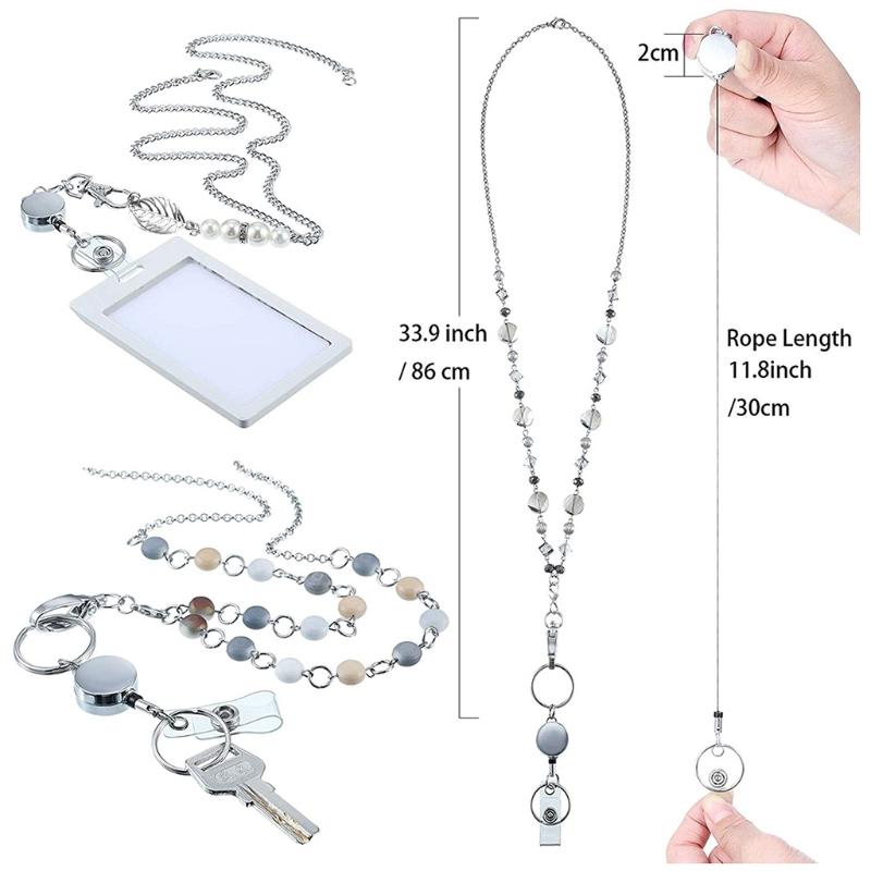 Women Retractable Badge Reel Lanyard with ID Card Holder Necklace Name Badge Holder Lanyard Stainless Steel Beaded Chain