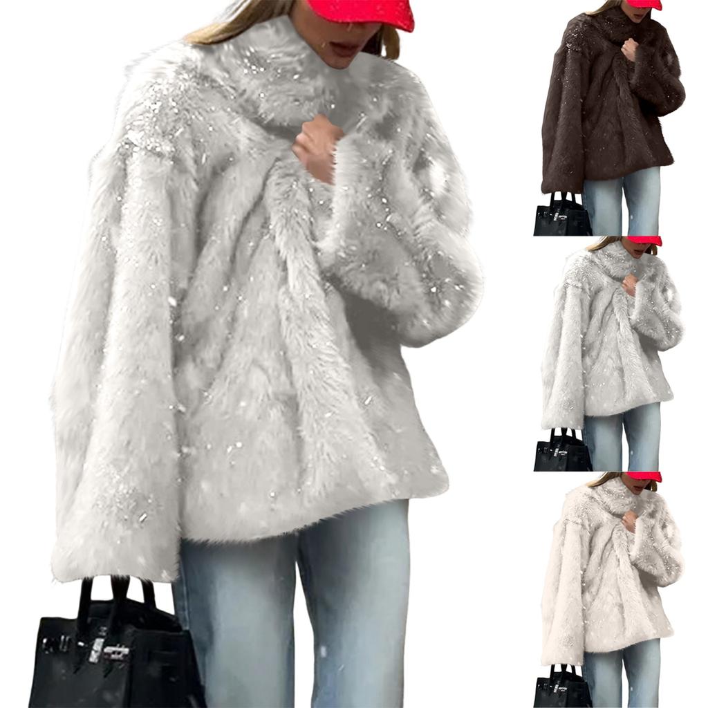 Women's Fashionable Warm Long Sleeve  Solid Color Furry Collar Coat