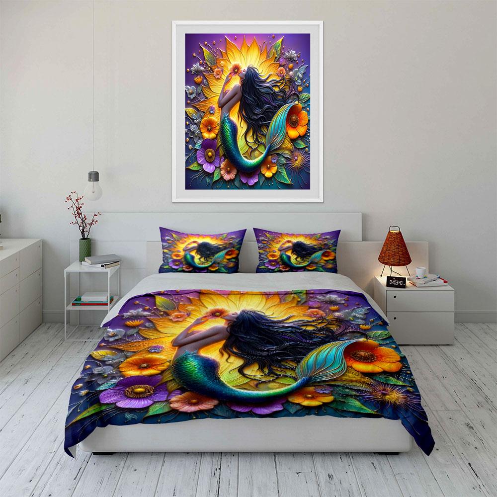 Mermaid Floral Art Decor Set Multiple Sizes Kid'S And Adults' Bedroom Exquisite 3Pc Bedding Set, Gift