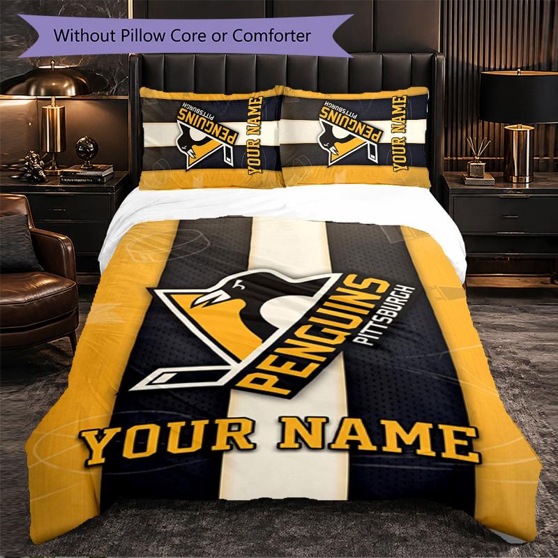 Set Biancheria da Letto Personalizzato Pittsburgh Penguins con Nome Testo, 1 Copripiumino & 2 Federe Regalo Personalizzato per Camera da Letto