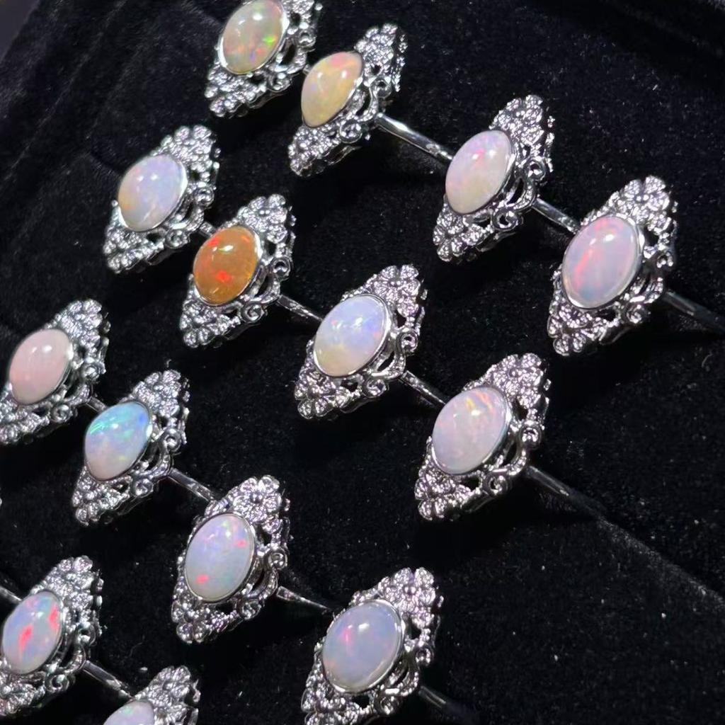 Rainbow Natural Opal Hand-Inlaid Adjustable Embossed Picture Frame Natural Opal Ring