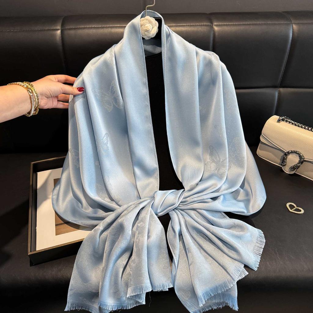 New Spring and Summer Silver Silk Shawl with Silk Scarf Outside High Fashion Long Scarf Shawl Beach Scarf Scarf