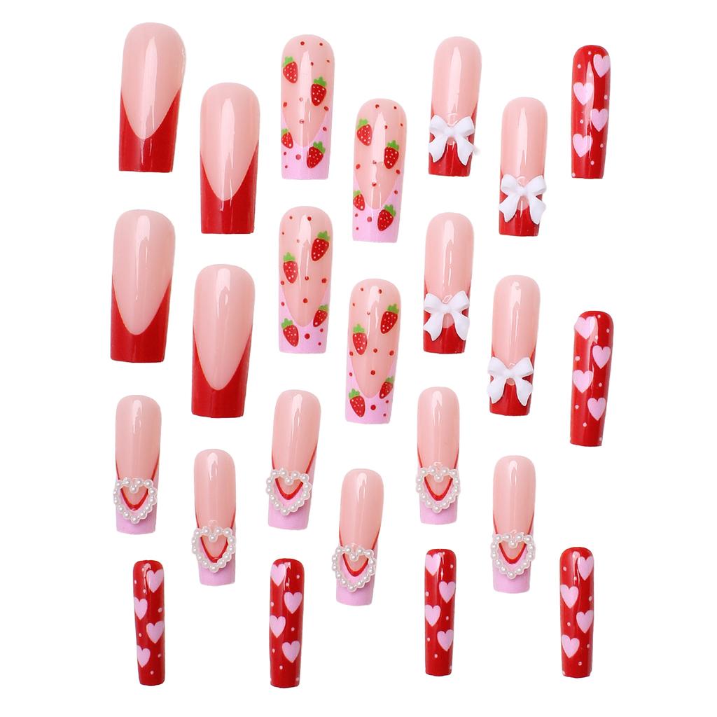 Pink Heart Strawberry Design Press On Nails 24Pcs French Style Lightweight Comfortable Wear For Woman