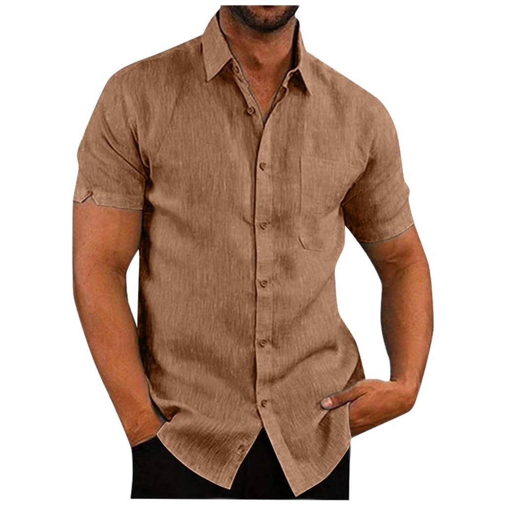Men's Spring Summer Casual Solid Color Cotton Loose Lapel Short Sleeve Men's Shirt Men's Tops