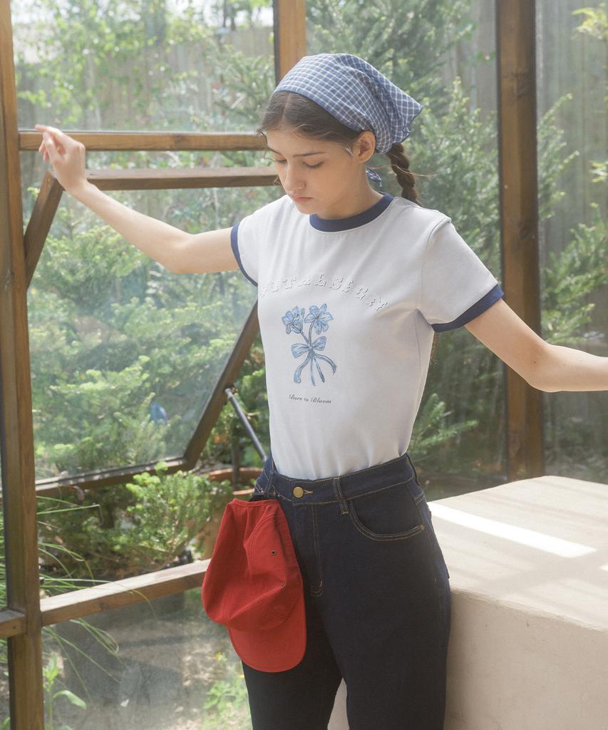 Baitalssain Lily Ribbon Ringer T-Shirt (Light Blue)
