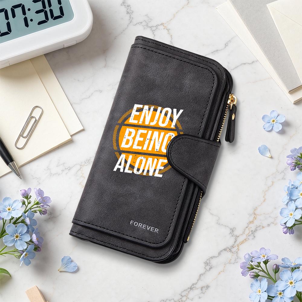 Fashion Long Wallet Enjoy Being Alone Print PU Leather Card Holder Portable Casual Zipper Purse for Daily Use