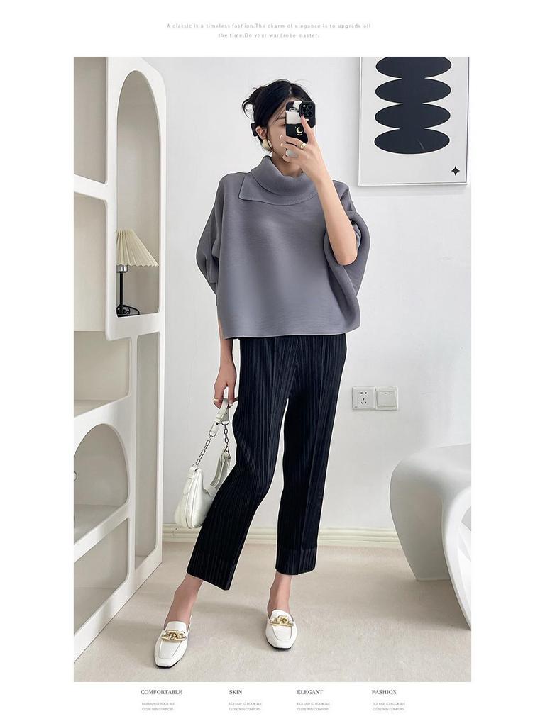 Miyake Damen Plissee Fledermausärmel Oberteil - Lockere Passform, Lange Ärmel, Einfarbig, Ideal für Frühling und Herbst