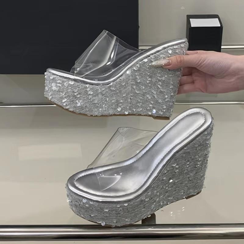 Fashion Silver Metal Flowers Women Wedges Slippers Sequined Platform High Heels Transparent Sandals Female Party Prom Shoe