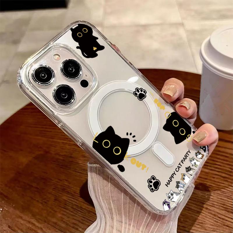 For Magsafe Magnetic Phone Case For Samsung Galaxy S26 Ultra S25 S24 FE S23 S22 Plus Cute Cartoon Black Cat Pattern Clear Cover