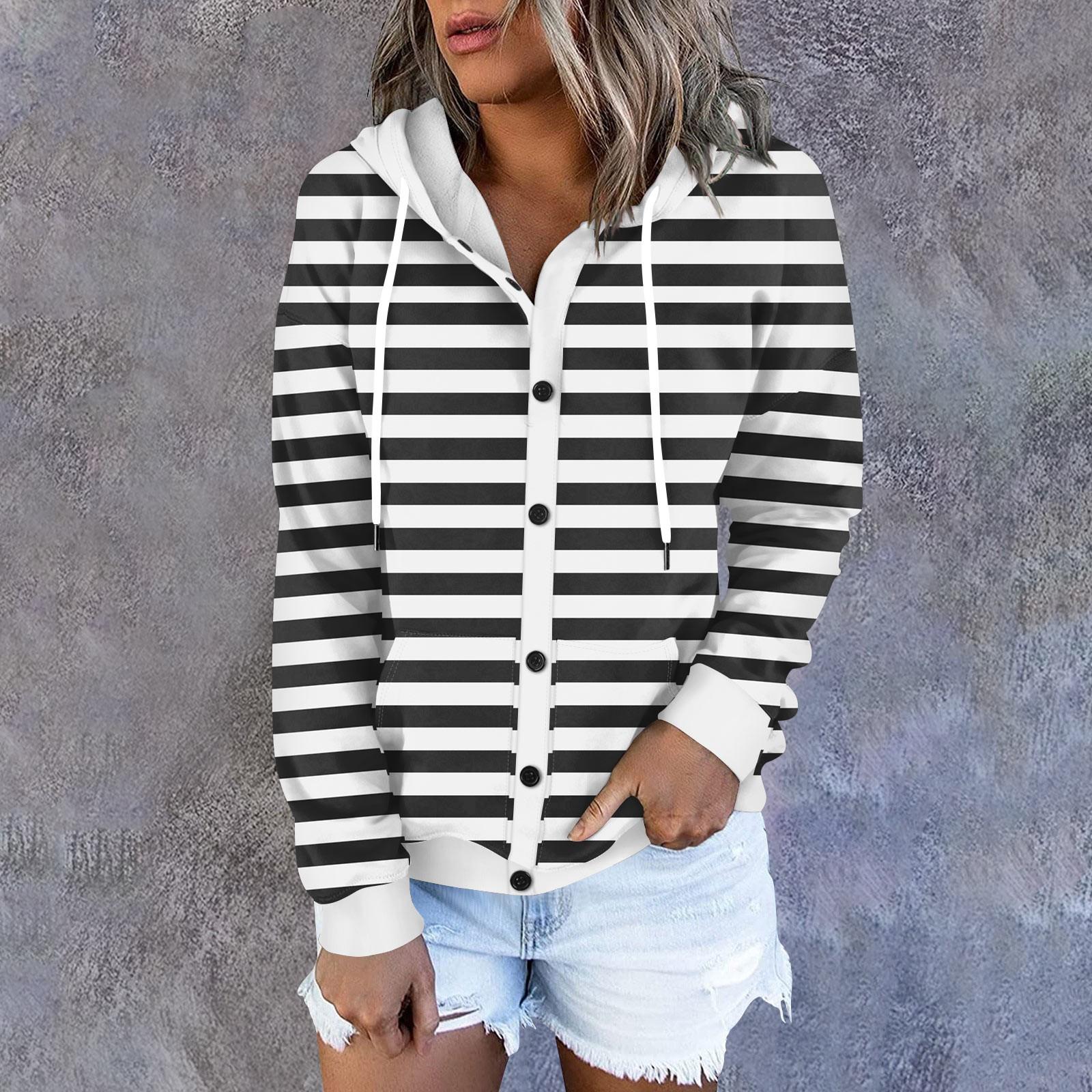 

Женская толстовка с капюшоном, полосатый принт, длинные рукава, свободная спортивная куртка с капюшоном M чёрный