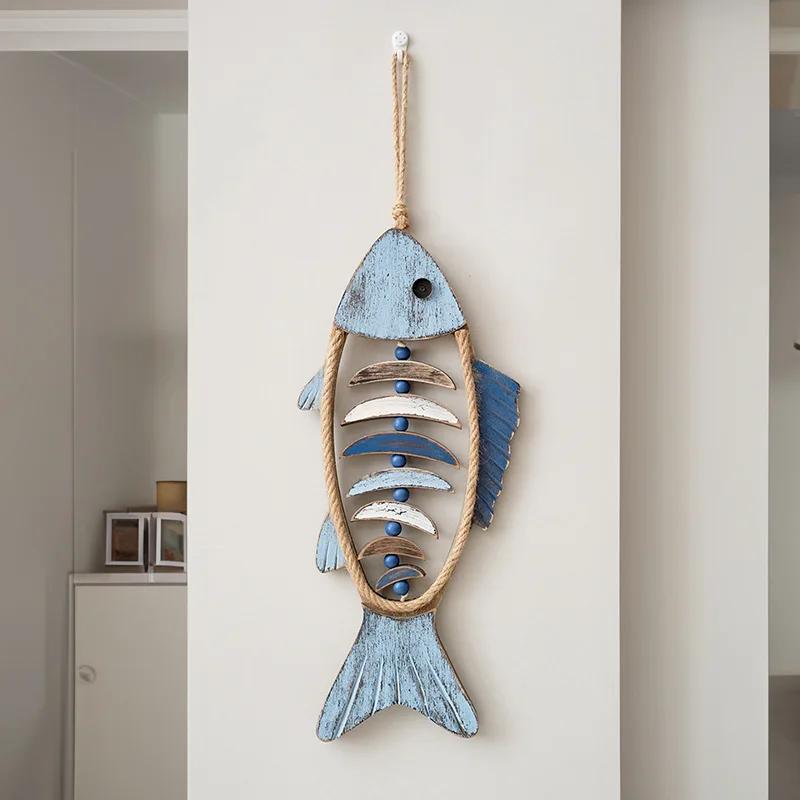 Large Wooden Fish Wall Hanging Decor Hand Carved Fish Chime Wall Decor for Nautical Theme Beach Theme Lake House