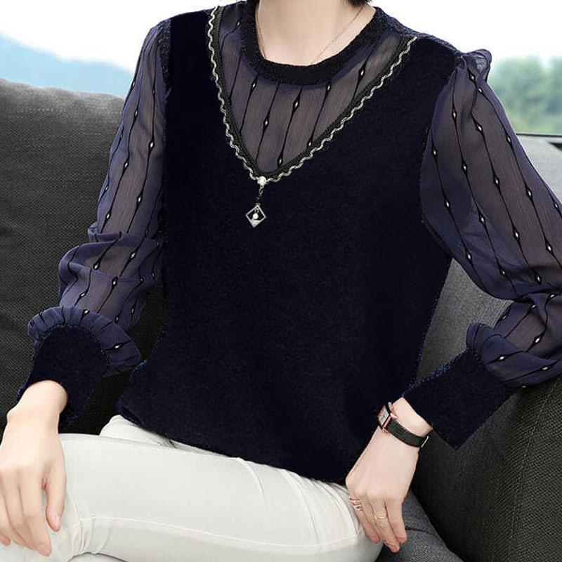 Ny høst-vårstil chiffonskjorte Elegant bluse med rund krage for kvinner Langermet topp genser