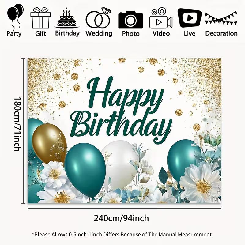 2D Teal Gold Happy Birthday Backdrop Floral Balloon Glitter Party Photography Banner