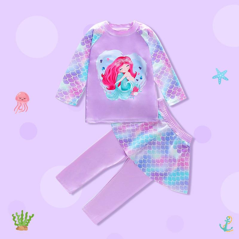 Kids' Long Sleeve Mermaid Swimsuit with Sun Protection and Quick-Dry Pants