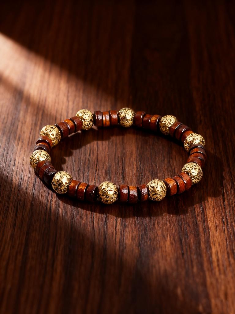 Retro Style Gold color Volcanic Lava Stone Beaded Bracelet Brown Wood Beads Energy Reiki Charm Grounding Protection Jewelry Gift