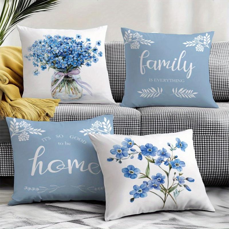 Jessica Chen Unisex Light/Blue Vikama Flower Illustration Throw Pillow Cover, Home Decoration Throw Pillow Cover, Living Room Sofa Cushion Cover