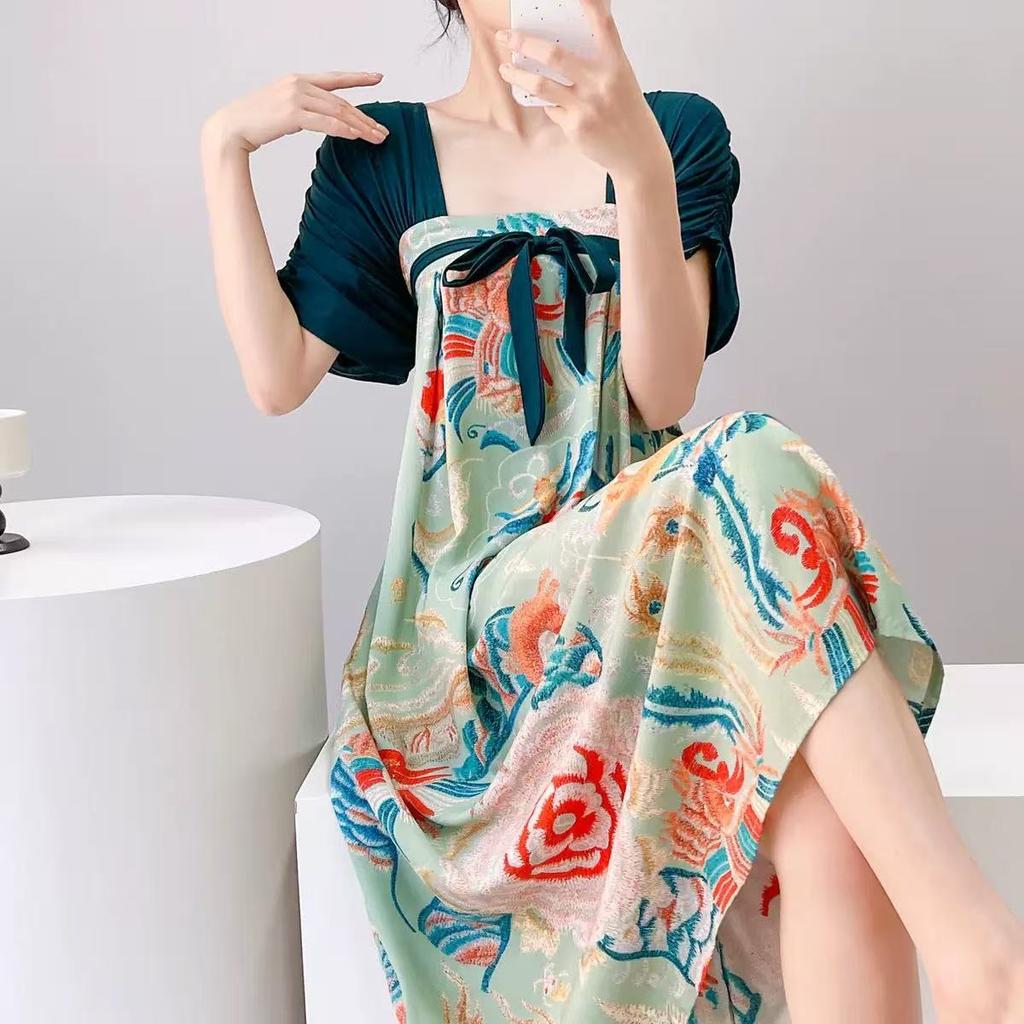 Improved Hanfu short-sleeved cotton and silk nightgown women's summer cotton and silk can be worn outside fairy air artificial cotton loungewear natio