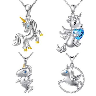 Fashion Two Tone Plated Unicorn Pendant Necklace with Heart and Rhinestones for Women
