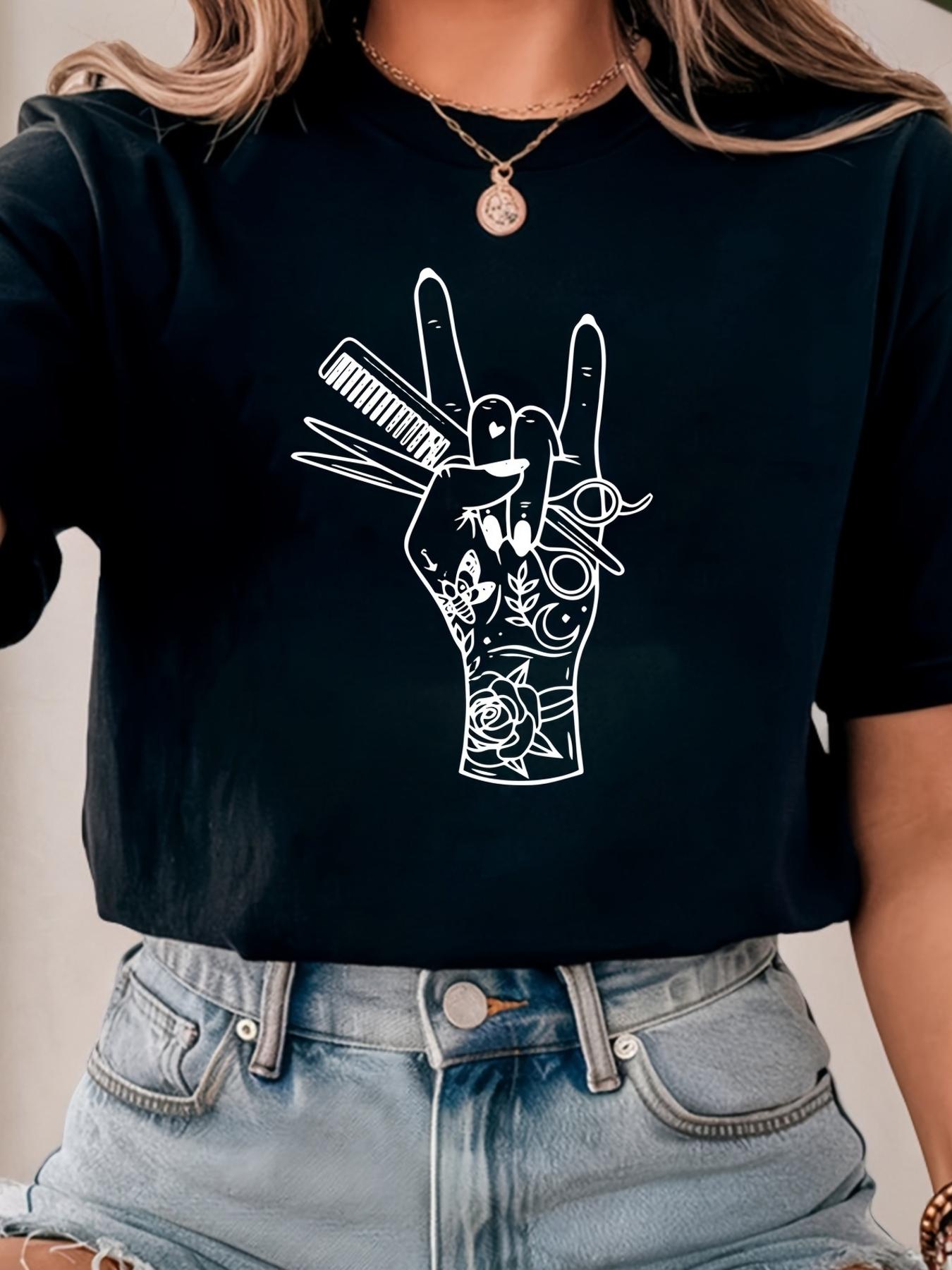 

Hairdresser Pattern Print T-shirt, Short Sleeve Crew Neck Casual Top for Summer & Spring, Women s Clothing 5XL різнокольоровий