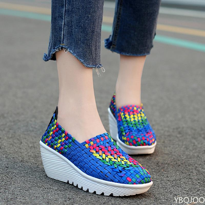 2025 Spring Women's Weaving Sports Slope Heel Shoes Women's Casual Breathable Thick Bottom Sports Walking Shoes Zapatos De Mujer