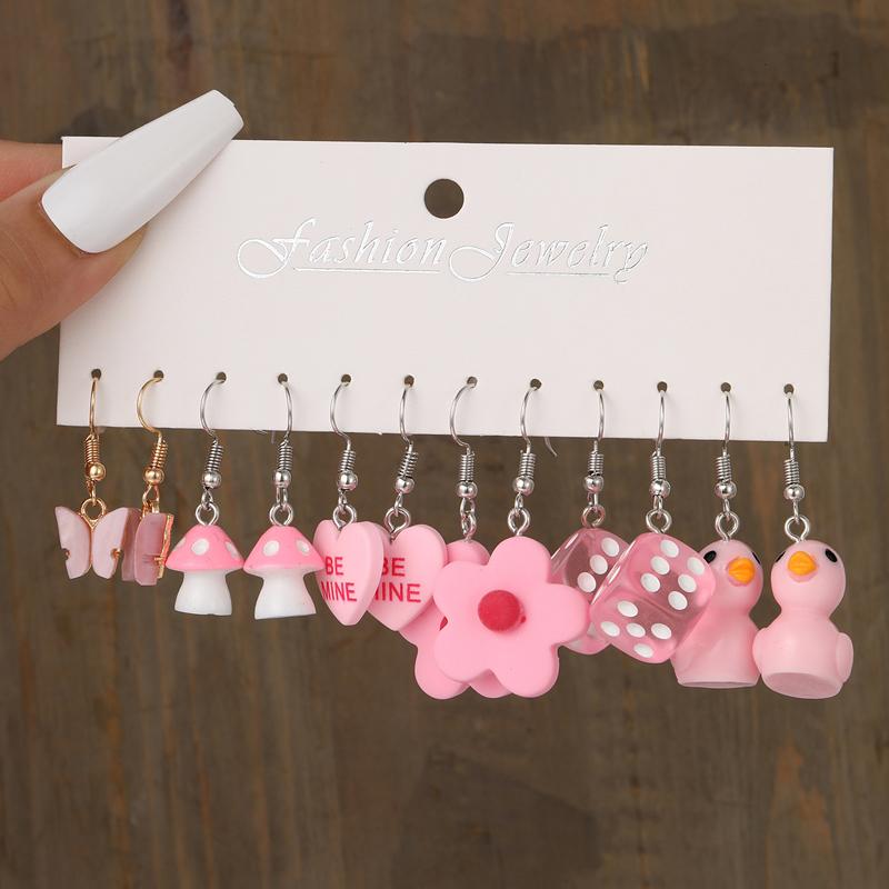 10 Pairs Cartoon Duck Dangle Earrings Set Cute Butterfly Heart Mushroom Animal Drop Earrings for Women Trendy Girl Kids Jewelry