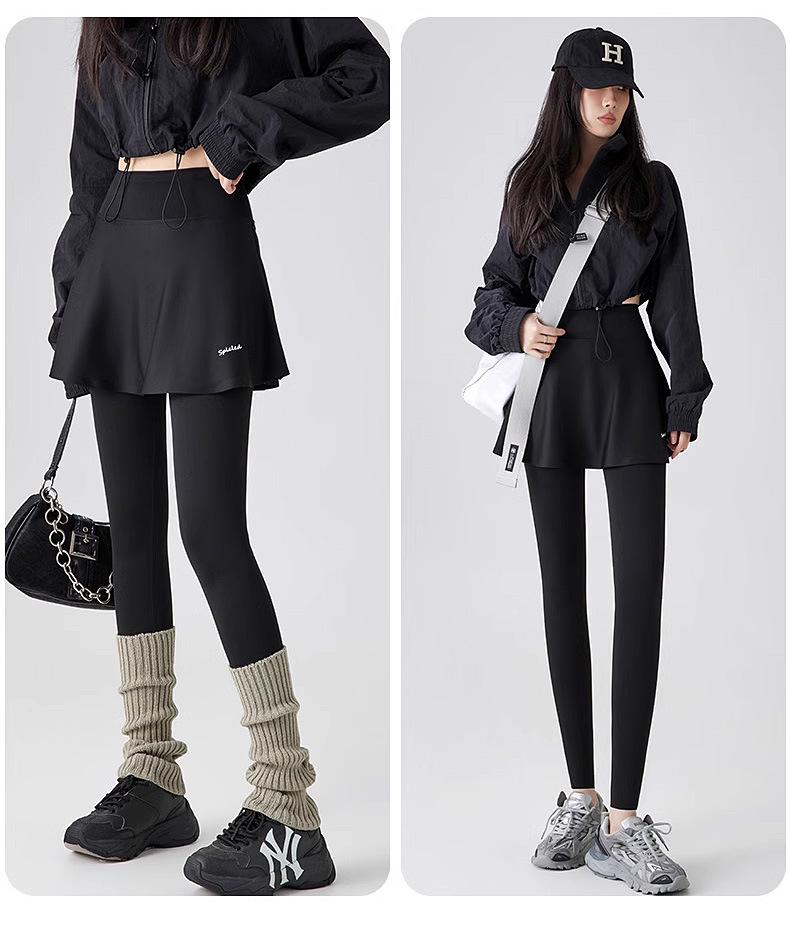 Women's Fleece-Lined Two-Piece Yoga Pants & Skirt - High-Waisted, Thickened for Slimming, Ideal for Autumn/Winter Fitness & Outerwear.