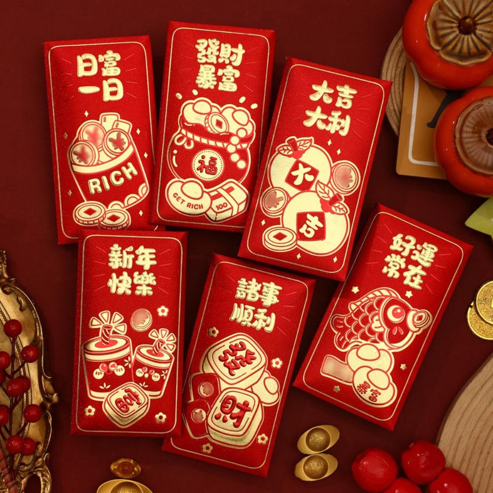 6pcs Blessings Printing Lucky Money Bag Solid HongBao Cartoon Red Packet Year of The Snake