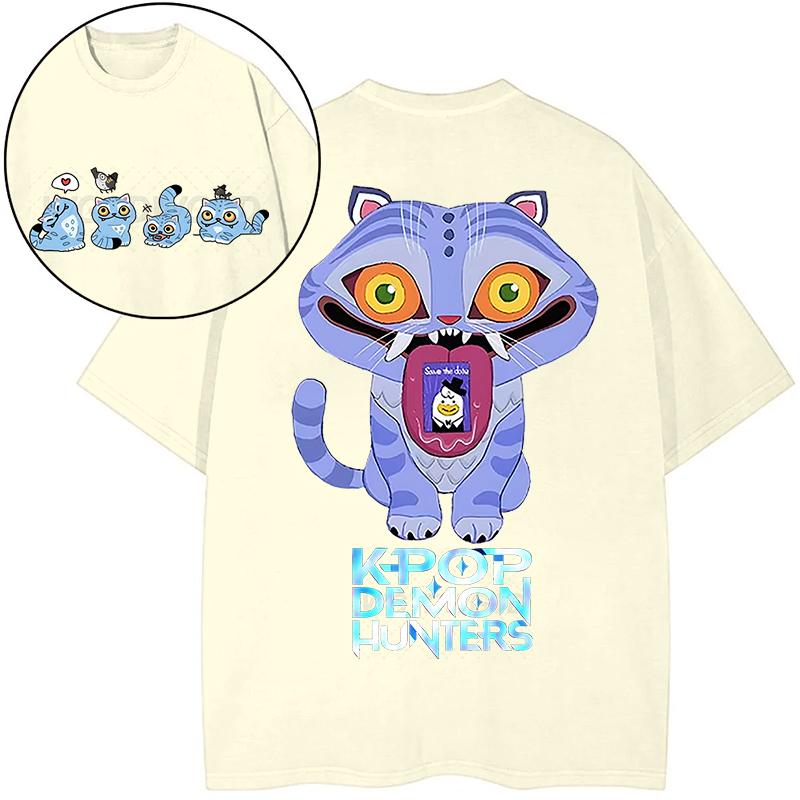 Women Derpy Tiger Hot Movie Print Shirts for Women Cartoon Anime Washed Cotton Tee K-Pop Demon Hunters Tiger T-shirt Tops