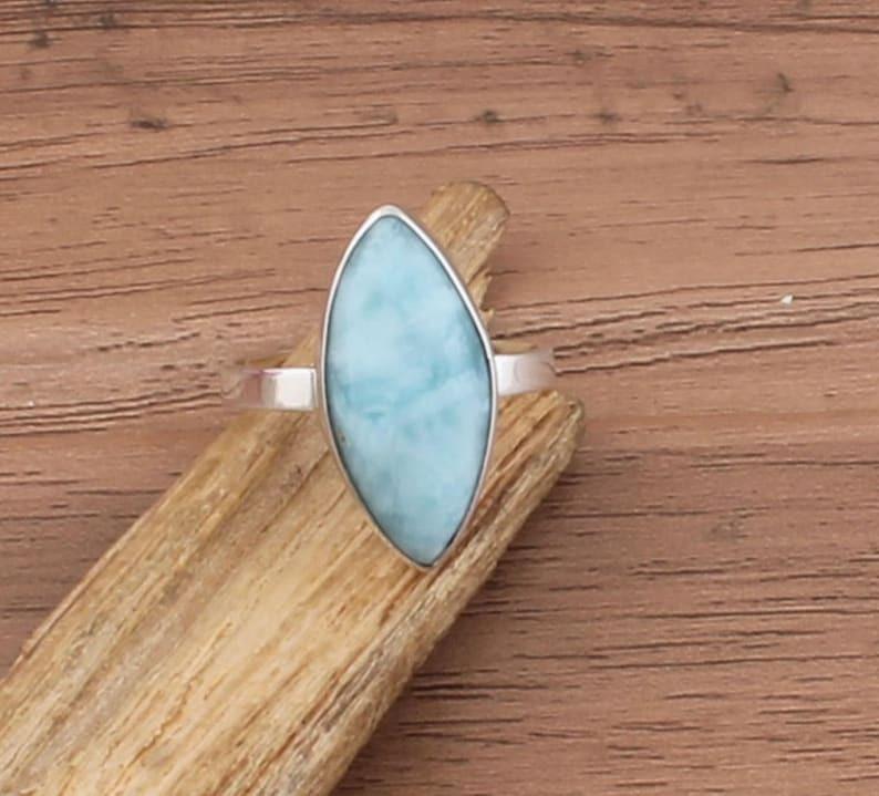 Solid 925 Sterling Silver Natural Larimar Gemstone Marquise Shape Ring Handmade Jewelry Unisex Gift