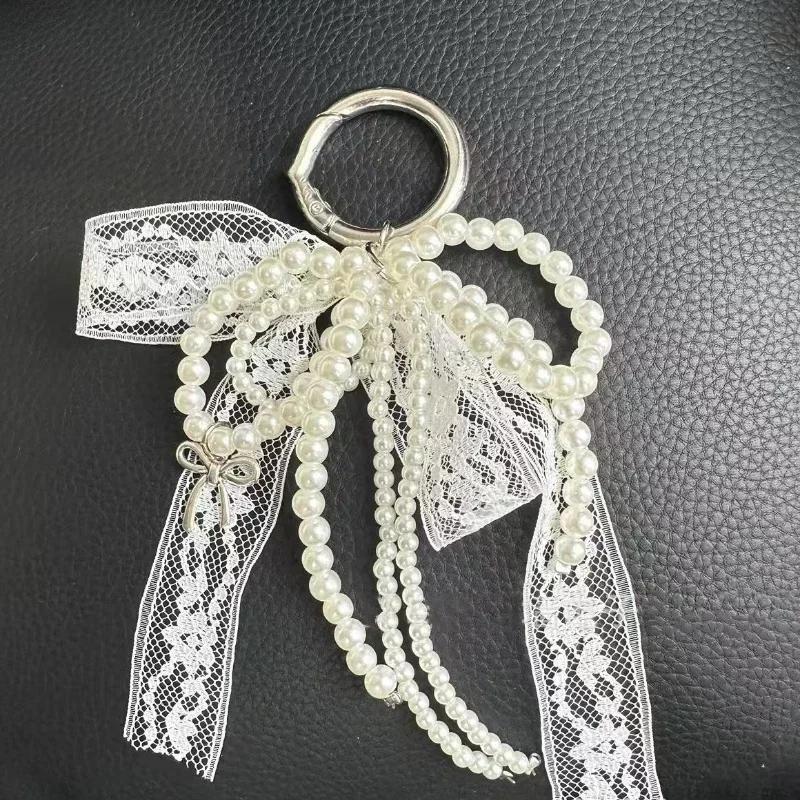 Imitation Pearls Lace Bowknot Keychain Sweet Beaded Pendant Keyring for Women Handbag and Backpack Key Chain Exquisite Ornament
